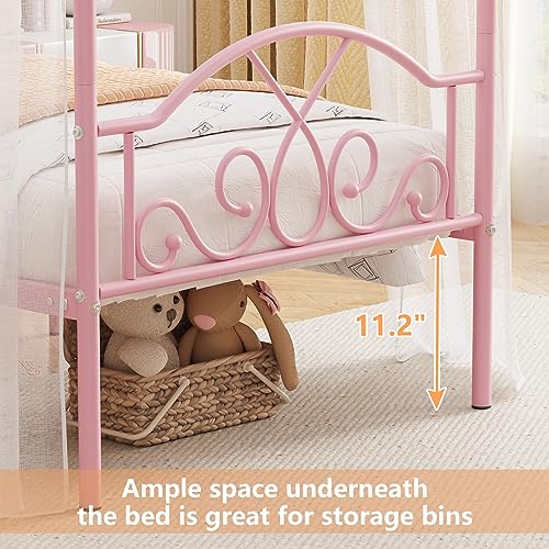 Weehom Pink Princess Canopy Twin Bed Frame