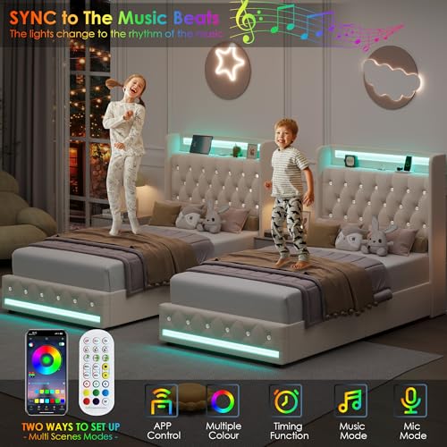 Upholstered Twin LED Bed Frame with Storage