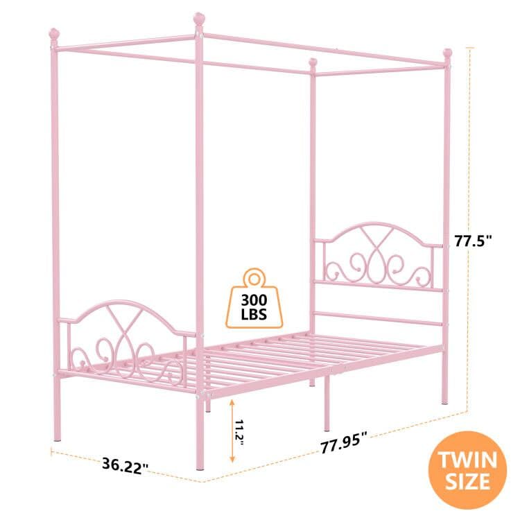 Weehom Pink Princess Canopy Twin Bed Frame