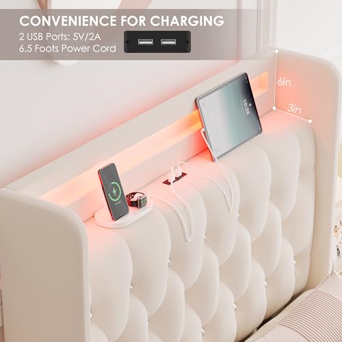 Upholstered Twin LED Bed Frame with Storage