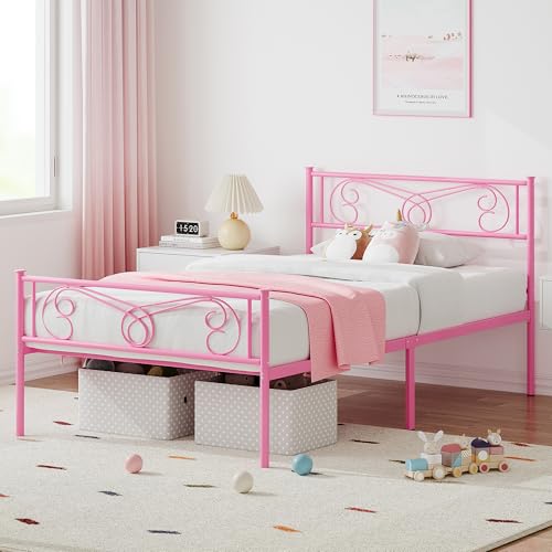 Pink Twin Metal Bed Frame with Headboard & Footboard