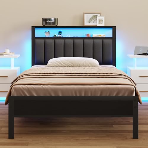 Furnulem Twin Bed Frame with Charging Station & LED
