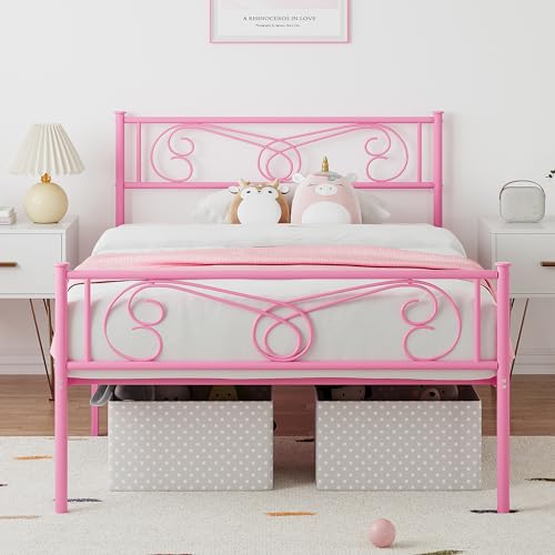 Pink Twin Metal Bed Frame with Headboard & Footboard