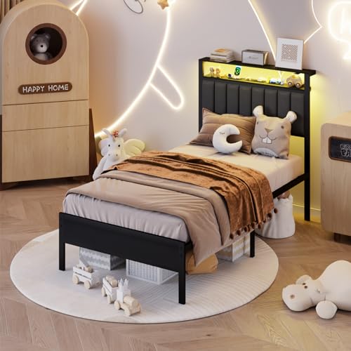 Furnulem Twin Bed Frame with Charging Station & LED