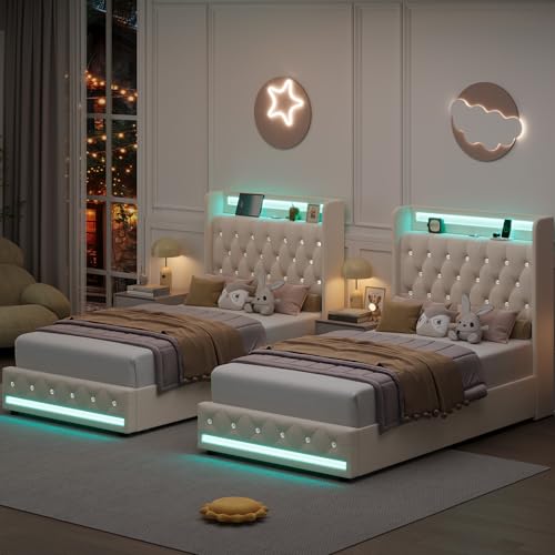 Upholstered Twin LED Bed Frame with Storage