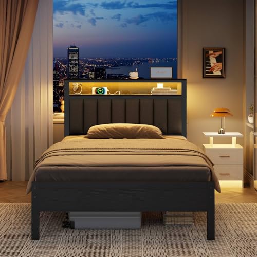 Furnulem Twin Bed Frame with Charging Station & LED