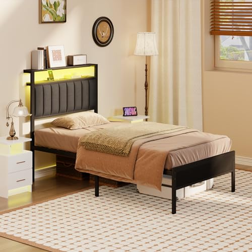 Furnulem Twin Bed Frame with Charging Station & LED
