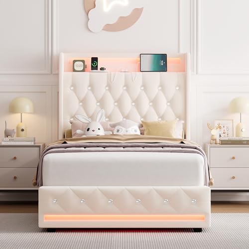 Upholstered Twin LED Bed Frame with Storage
