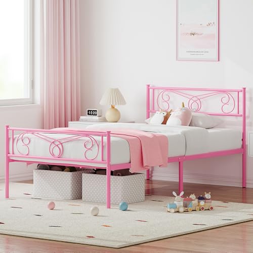 Pink Twin Metal Bed Frame with Headboard & Footboard