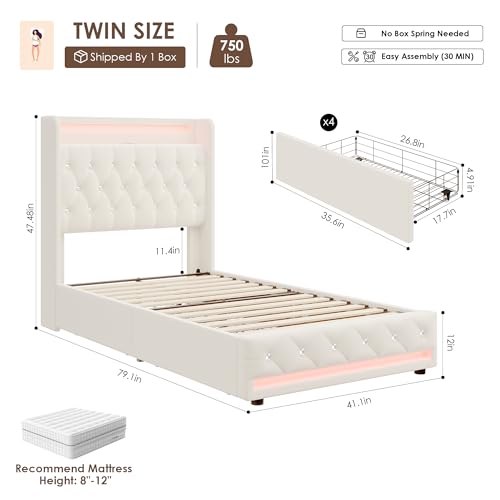 Upholstered Twin LED Bed Frame with Storage