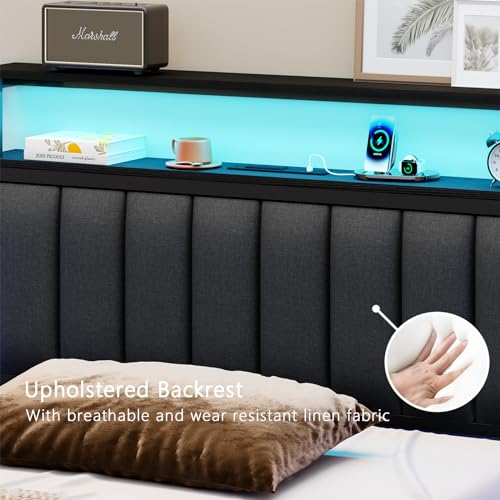 Furnulem Twin Bed Frame with Charging Station & LED