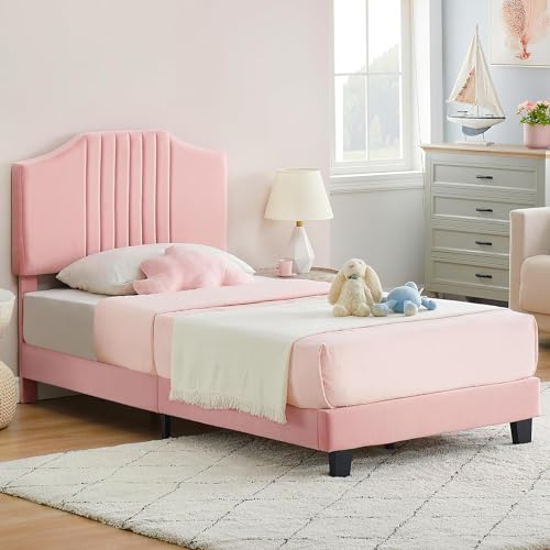 Pink Velvet Twin Bed Frame with Headboard