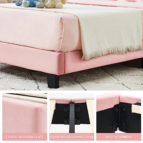 Pink Velvet Twin Bed Frame with Headboard