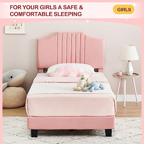 Pink Velvet Twin Bed Frame with Headboard