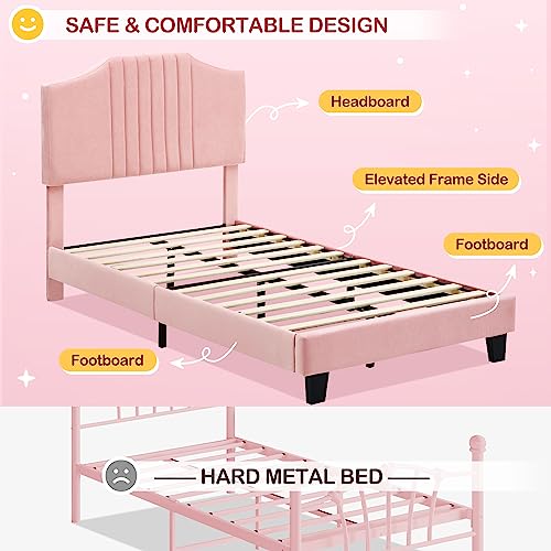 Pink Velvet Twin Bed Frame with Headboard