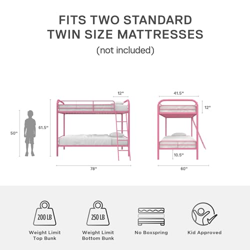 Pink Twin-Over-Twin Metal Bunk Bed Frame