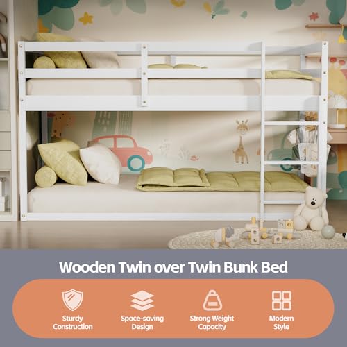 Low Twin Over Twin Wooden Bunk Bed - White