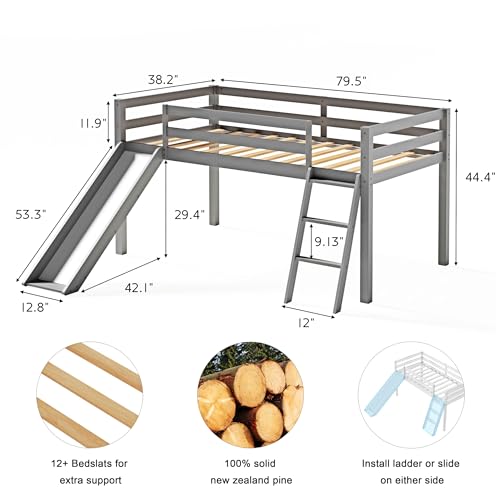 Twin Size Solid Wood Loft Bed with Slide
