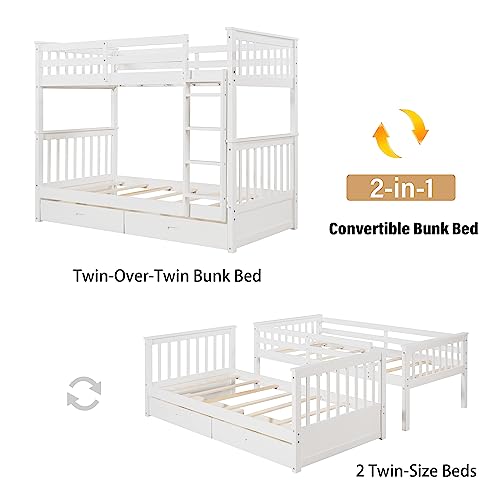 Convertible Twin Over Twin Wood Bunk Bed with Drawers