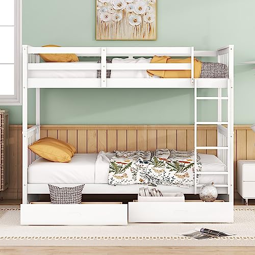 Convertible Twin Over Twin Wood Bunk Bed with Drawers