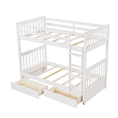 Convertible Twin Over Twin Wood Bunk Bed with Drawers