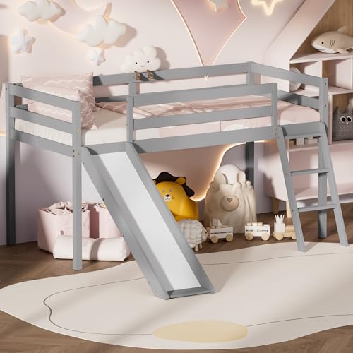 Low Loft Bed with Slide and Storage - Grey