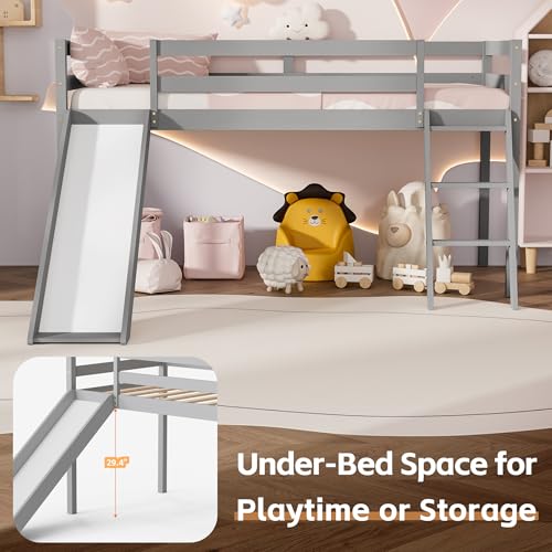 Low Loft Bed with Slide and Storage - Grey