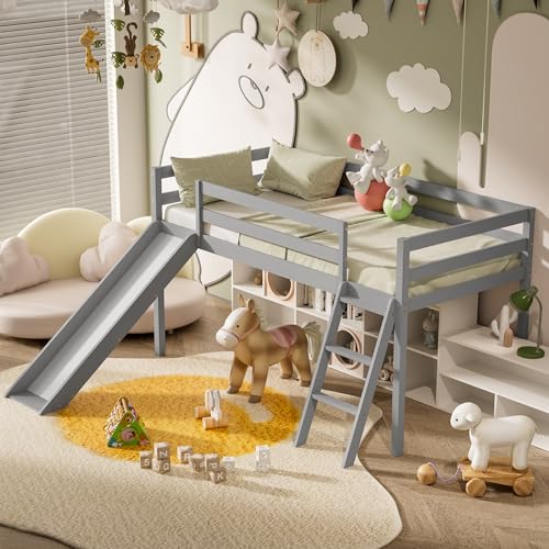 Low Loft Bed with Slide and Storage - Grey