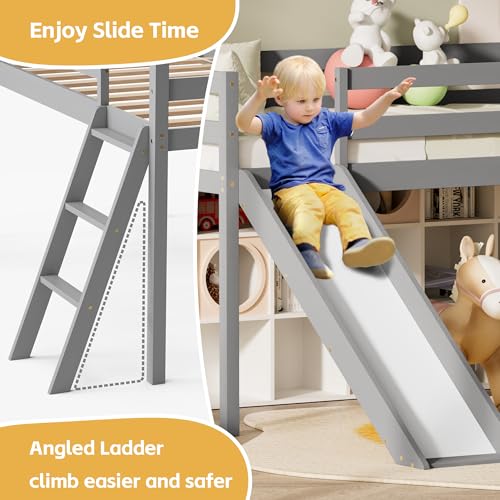 Low Loft Bed with Slide and Storage - Grey