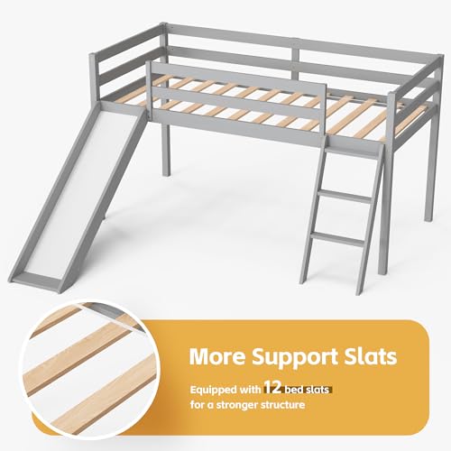 Low Loft Bed with Slide and Storage - Grey
