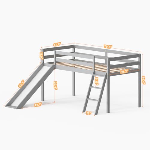 Low Loft Bed with Slide and Storage - Grey