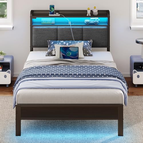 Twin Bed Frame with Charging Station and LED Lights