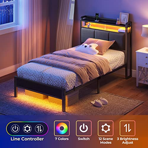Twin Bed Frame with Charging Station and LED Lights