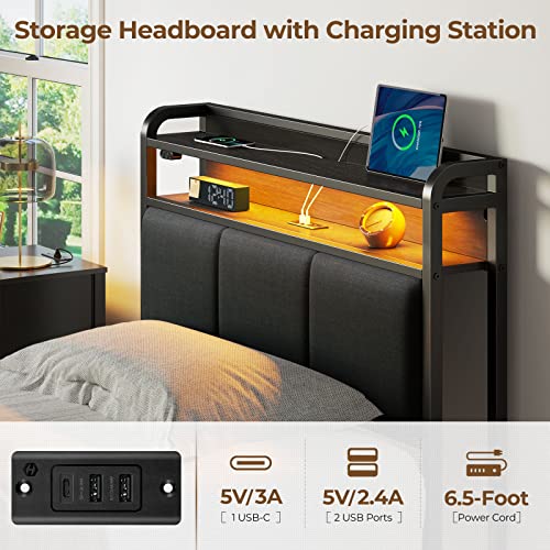 Twin Bed Frame with Charging Station and LED Lights