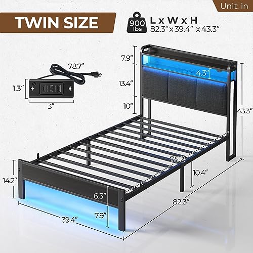 Twin Bed Frame with Charging Station and LED Lights