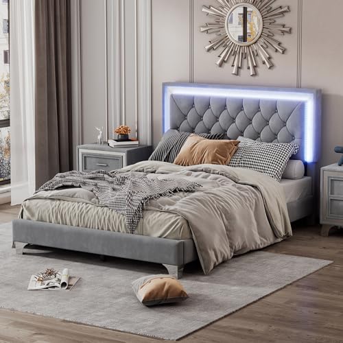 Modern Velvet Full Size Bed Frame with LED Lights
