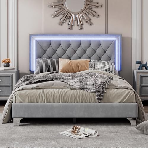Modern Velvet Full Size Bed Frame with LED Lights