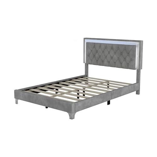 Modern Velvet Full Size Bed Frame with LED Lights