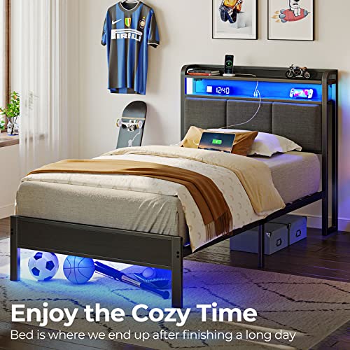 Twin Bed Frame with Charging Station and LED Lights