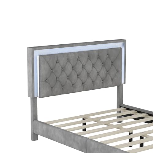 Modern Velvet Full Size Bed Frame with LED Lights