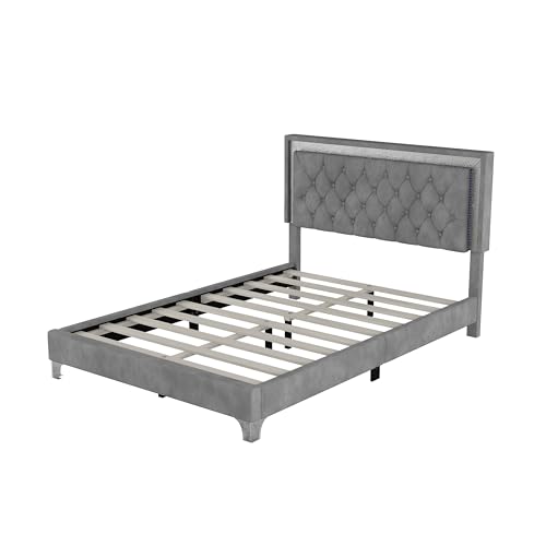 Modern Velvet Full Size Bed Frame with LED Lights