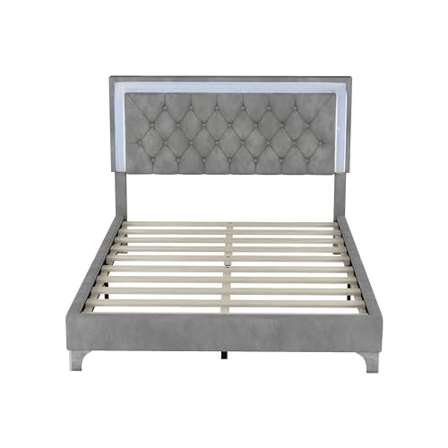 Modern Velvet Full Size Bed Frame with LED Lights