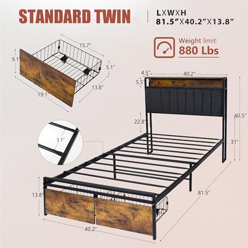 Modern Twin Bed Frame with Headboard and Storage