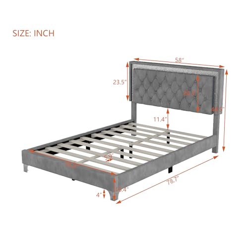 Modern Velvet Full Size Bed Frame with LED Lights