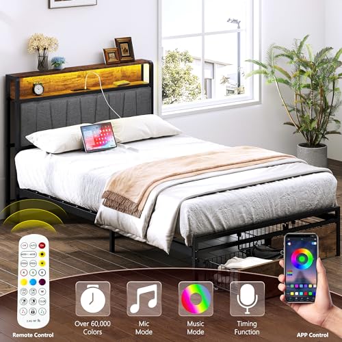 Modern Twin Bed Frame with Headboard and Storage