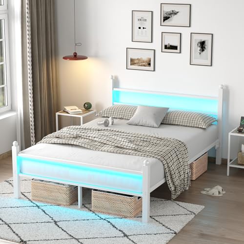 Heavy Duty White Full Size Bed Frame with Charging Station