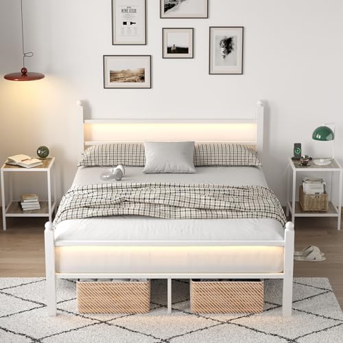 Heavy Duty White Full Size Bed Frame with Charging Station