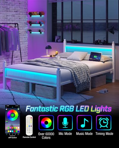 Heavy Duty White Full Size Bed Frame with Charging Station