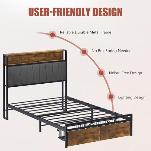 Modern Twin Bed Frame with Headboard and Storage