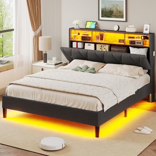 Modern Queen Bed Frame with Storage and LED Lights